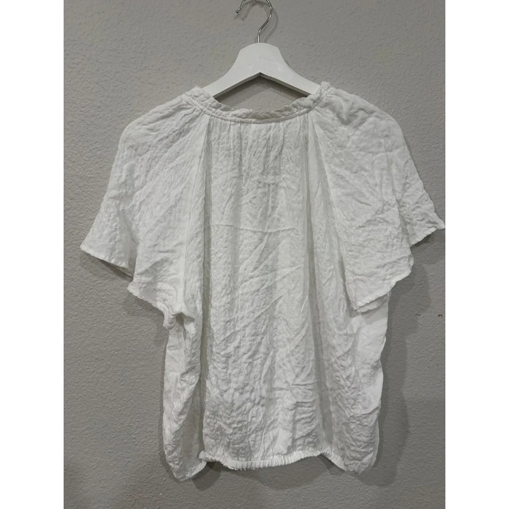 Jane + Delancey White Textured Short Sleeve Blouse‎ Tie Neck Elastic Hem Large